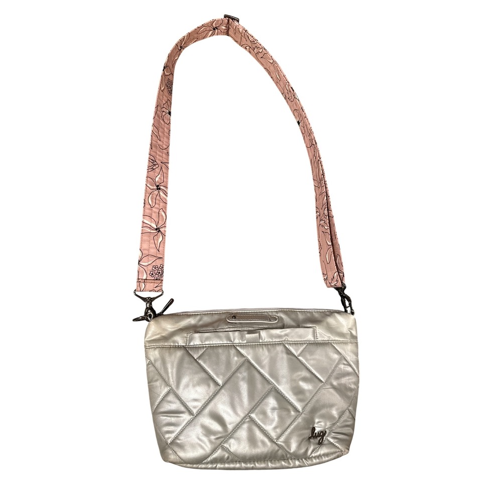Lug Flare Crossbody Bag Womens Small Silver Quilted Floral Strap Metallic